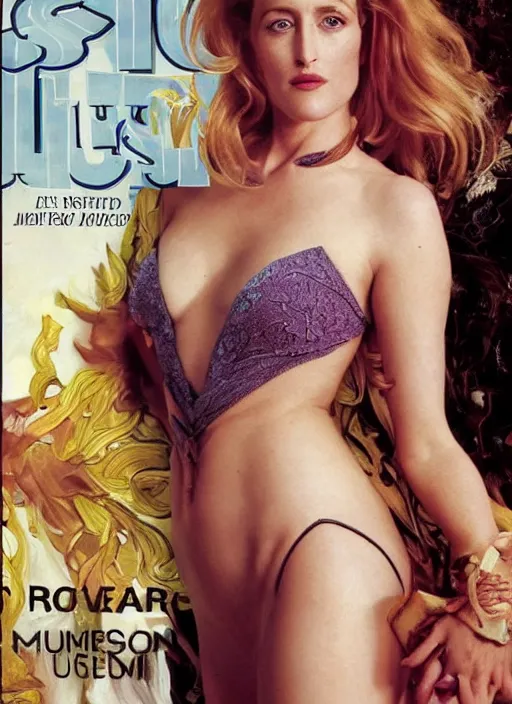 Prompt: A photo of a gorgeous Gillian anderson on the cover of Swimsuit Illustrated 1990s in the aesthetic of mert and marcus, masterpiece, intricate, elegant wardrobe, highly detailed, digital painting, artstation, concept art, smooth, sharp focus, illustration, art by artgerm and james jean and greg rutkowski and alphonse mucha