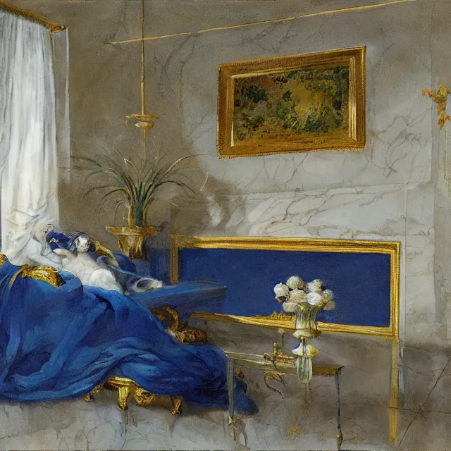 Prompt: gardens of marble draped in flowing sheets of cobalt blue gold satin, by ivan aivazovsky and syd mead and moebius and roger dean and balthasar ast and yoshitaka amano and pieter claesz and paul delaroche and alma tadema and aelbert cuyp and willem claesz, hyperrealistic, volumetric light, render