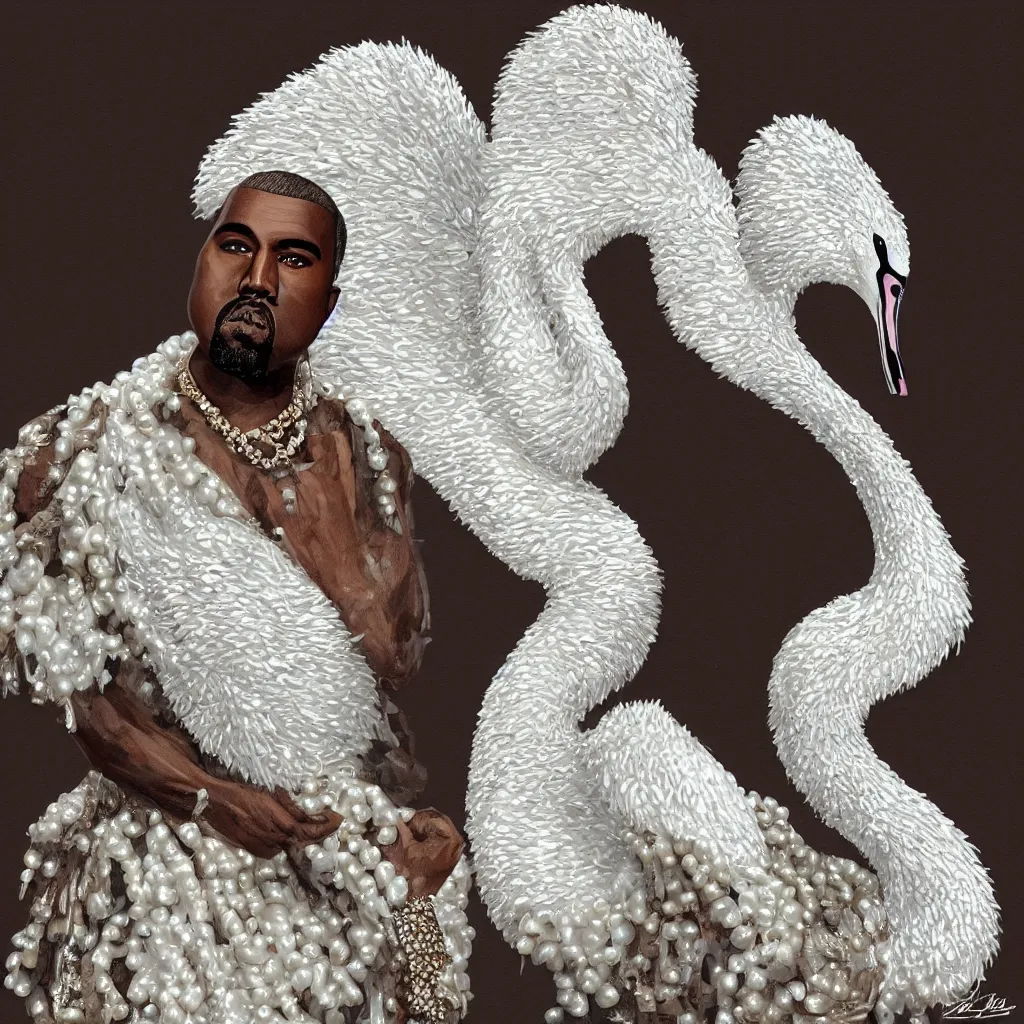 Image similar to kanye west with a decorated dress made of white pearls and white plumes of swan highly detailed digital _ painting