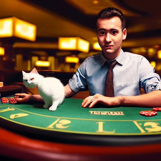 Prompt: man holding a toy cat and a spoon, sitting at a blackjack table, casino, las vegas, 8 k, highly detailed, photo realistic, unreal engine