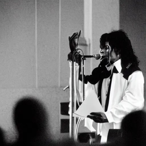 Image similar to cinematic still of Michael Jackson preaching at a Baptist Church in Detroit, close up, shallow depth of field, cinematic