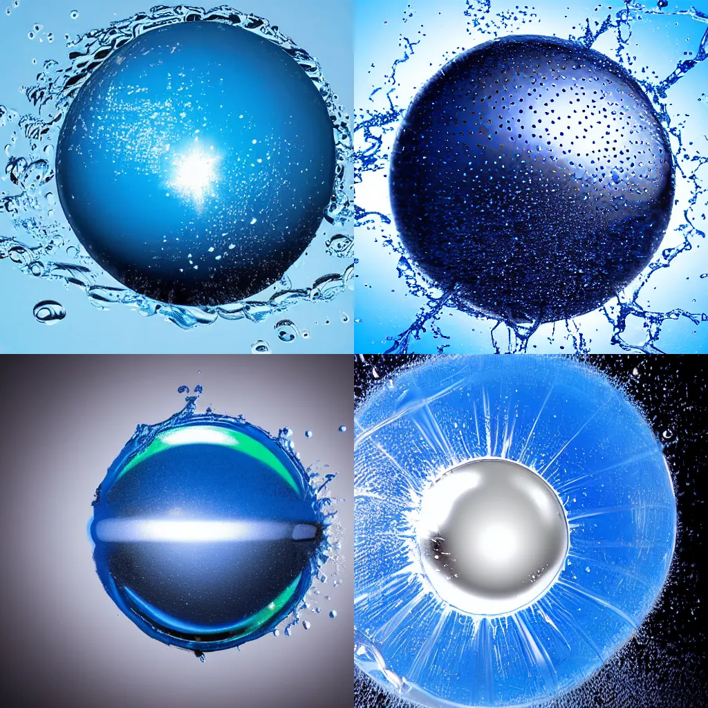 Prompt: reflective ball splashing into a puddle of blue paint, big splash, freeze frame, 240hz