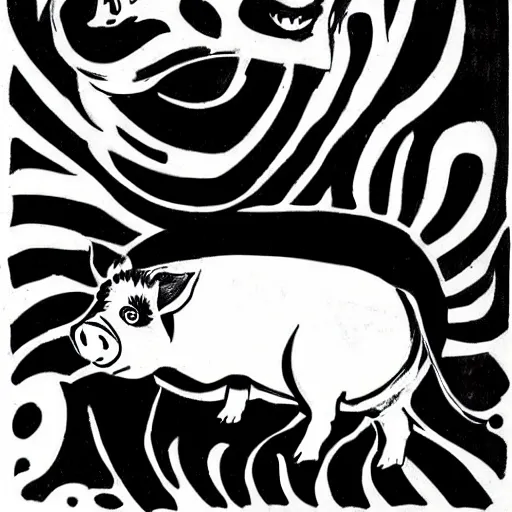 Prompt: child riding pig, black and white, pop art, detailed