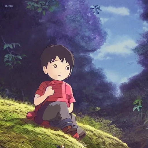 Prompt: guy and small creature , with Fragile looking character portrait face made by Studio Ghibli highly detailed art, beautiful scene, sharp focus, smooth, nostalgic 8k, anime art