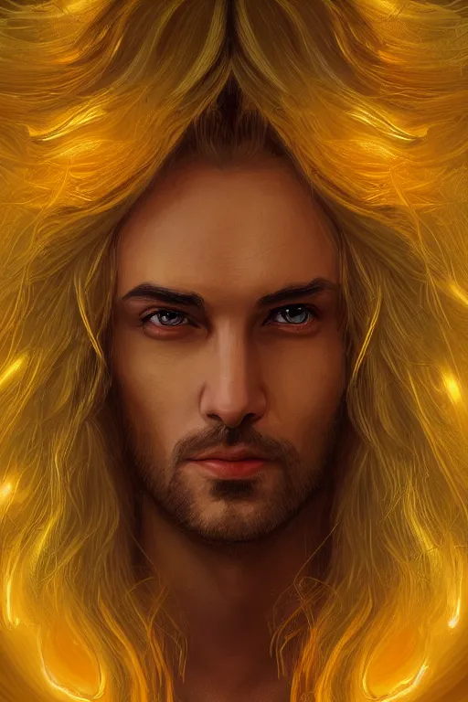 Image similar to Portrait of male mage with long white hair, yellow face, photorealistic, highly detailed, artstation, smooth, sharp focus, gold ornaments, neon lighting, sci-fi, art by Klimt