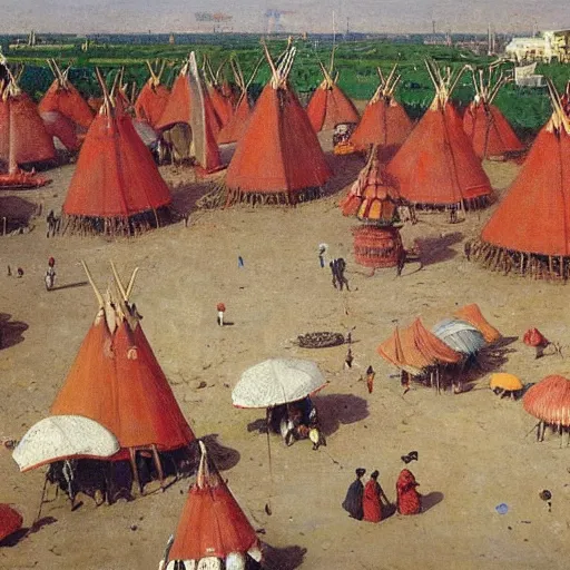 Image similar to dahomey officials with flat colorful umbrellas gather nearby tall red teepee in ahomey's huge main square, from above, 1905, highly detailed, oil on canvas, by ilya repin