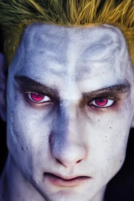 Image similar to photorealistic portrait photograph of real - life hisoka looking at you, hunter hunter, depth of field, soft focus, highly detailed, intricate, realistic, national geographic cover, soft glow, textured skin