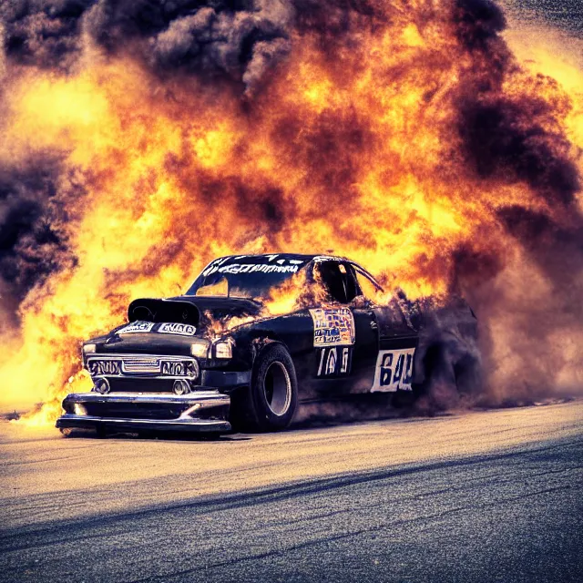 Prompt: nhra, drag strip, drag car, dirt explosion, smoke explosion, rolling car photograph, furry fandom, photorealistic,