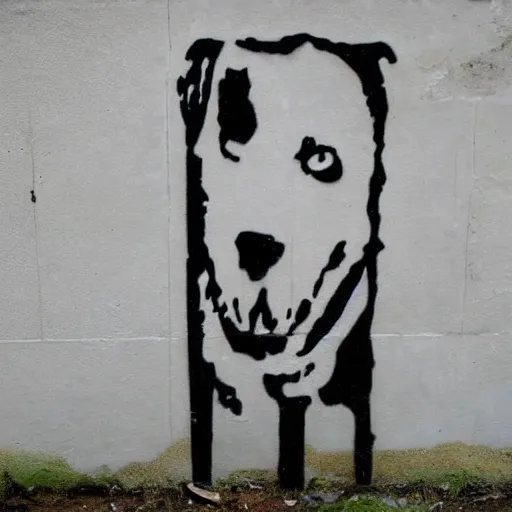 Prompt: banksy stencil graffiti of a dog in a trench