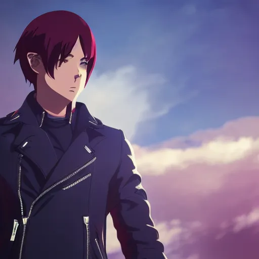 Prompt: an epic anime of a man energy, leather jacket, leather gloves, ghibli, unreal 5, octane render, rpg portrait, dynamic lighting, epic, epic anime, 2 d