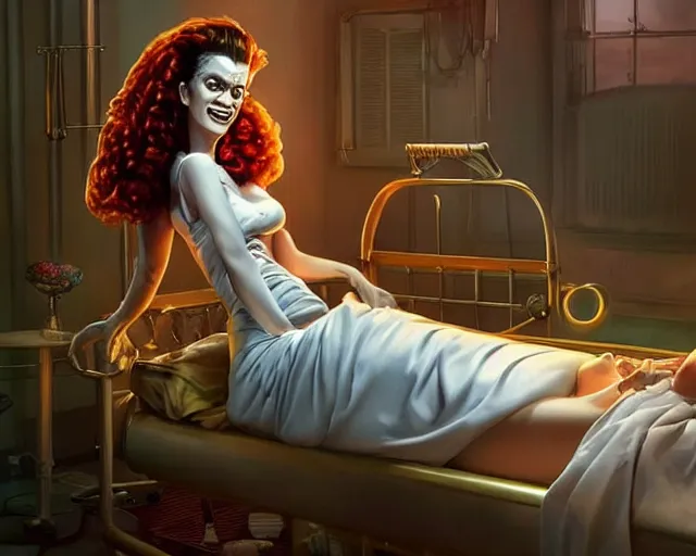 Image similar to phtorealistic modern pin up of the bride of frankenstein posing in a bed in the room of a sanatarium, full body, campy color scheme, realistic, center, smooth, golden ratio, detailed, aly fell, daniela uhlig