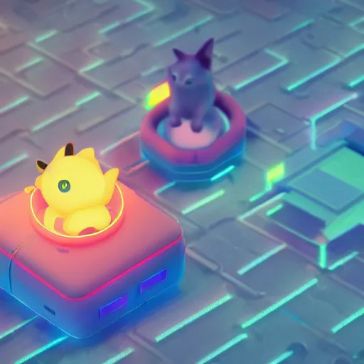 Prompt: isometric cat robot floating in space, realistic 3d model, very colourful, hdr, cinematic lighting, soft neon, octane render, trending on Artstation, style pokemon in 3d