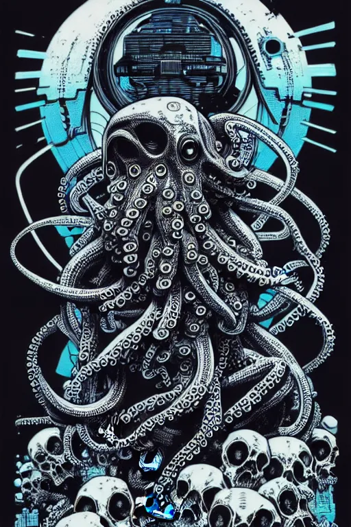 Image similar to cyberpunk octopus sitting on pile of skulls, high details, bold line art, by vincent di fate and joe fenton, inking, etching, screen print, masterpiece, trending on artstation, sharp, high contrast, hyper - detailed, hd, 4 k, 8 k