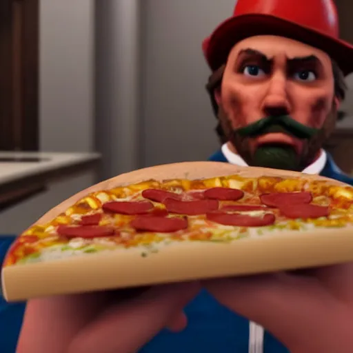 Image similar to gopro footage of a hotdog man eating a slice of pizza in a court room, iso 2 0 0, depth of field, cinematic, volumetric lighting, by red dead redemption 2