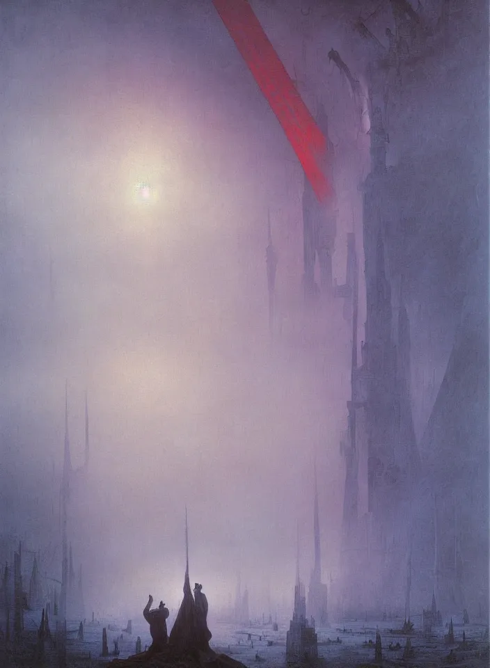 Image similar to the blind liberty of the few, red and purple palette, volume light, fog, by caspar david friedrich by ( h. r. giger ) and paul lehr