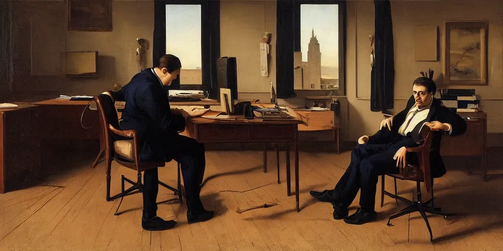 Prompt: beautiful oil matte portrait painting, man in a suit whsipering to a mafia boss sitting at his desk in his 5 0 s style office, wonderful masterpiece highly detailed, beautiful cinematic light deep focus, elegant, digital painting, smooth, sharp focus, golden ratio, dramatic illumination, ultra realistic, 8 k, art by artemisia lomi gentileschi and caravaggio