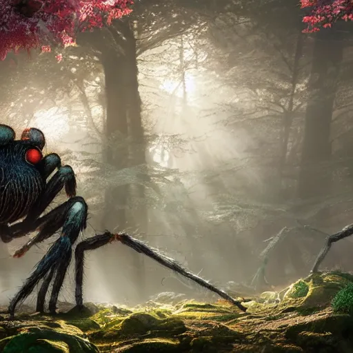 Image similar to an ugly giant spider, beautiful, realistic, atmosphere, vibe, forest, lot of trees, fern, flowers, concept art illustration, color page, tone mapping, akihiko yoshida, james jean, andrei riabovitchev, marc simonetti, digital illustration, greg rutowski, volumetric lighting, sunbeams, particles