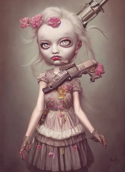 Image similar to pop surrealism, lowbrow art, realistic cute alice girl painting, holding a gun, hyper realism, muted colours, rococo, natalie shau, loreta lux, tom bagshaw, mark ryden, trevor brown style,