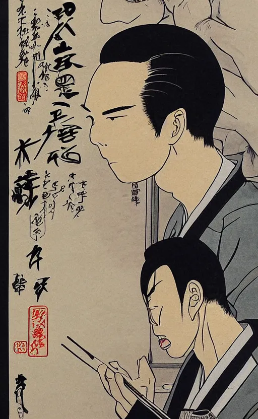 Image similar to by akio watanabe, manga art, a male calligrapher writing next to a poster, inside modern japanese room, trading card front, realistic anatomy