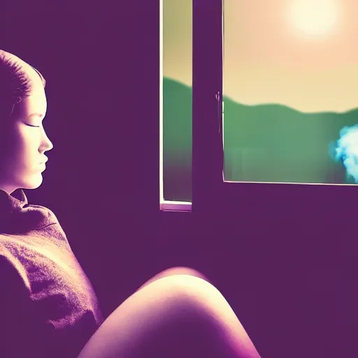 Image similar to teenage girl sitting at bedroom window staring down at her phone, a mushroom cloud outside lights the side of her face, intimate, dark, surreal photography