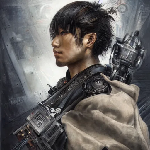 Image similar to portrait of a man by ayami kojima, japanese, he is about 2 0 years old, black short hair with bangs, he is wearing a steampunk tactical gear, highly detailed portrait, digital painting, artstation, concept art, smooth, sharp foccus ilustration, artstation hq