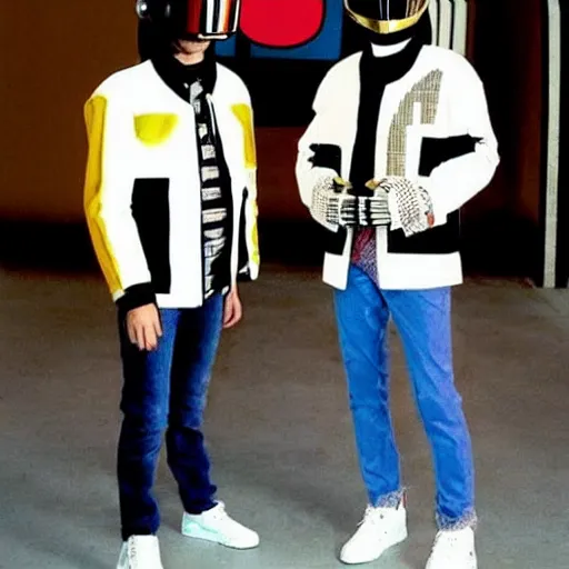 Image similar to Daft Punk with Marty McFly clothes with the Delorean in 80s style