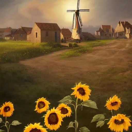 Image similar to a portrait of an sunny town full of sunflowers and villages and an windmill in the middle, Matte painting , detailed painting, made by Greg Rutkowski, 4k resolution, atmospheric, extremely high detail