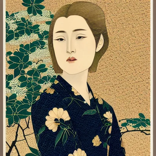 Image similar to “ evan rachel wood portrait by ikenaga yasunari and ayana otake and ko rakusui, 6 0 s poster, drawing, realistic, sharp focus, japanese, dreamy, nostalgia, faded, golden hues, floral clothes, porcelain skin ”