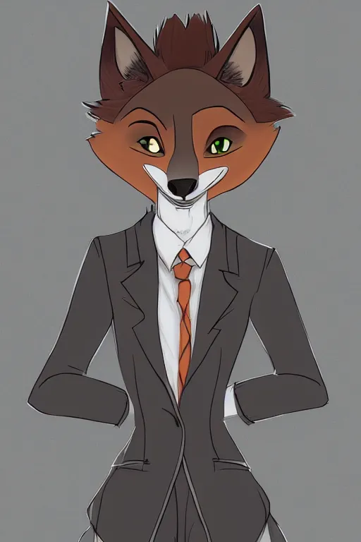 Image similar to drawing of anthromorphic female wolf, in style of cory loftis, female fursona, furry, furaffinity, 4 k, deviantart, furry art, fursona art, wearing black business suit, business suit, in style of zootopia, wolf fursona, cyberpunk, female, very expressive detailed feminine face,