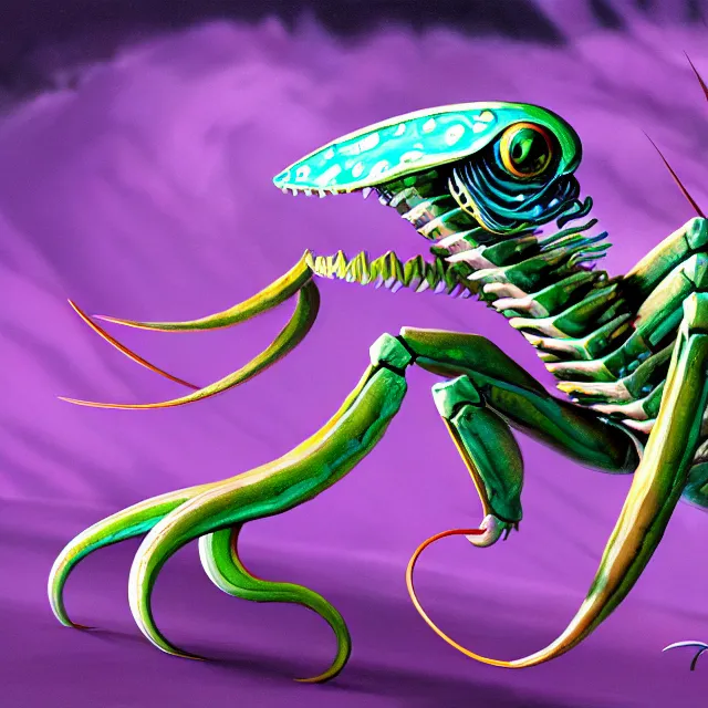 Image similar to a digital illustration of a land - dwelling squid monster with preying mantis claws, magic the gathering card painting, hq scan