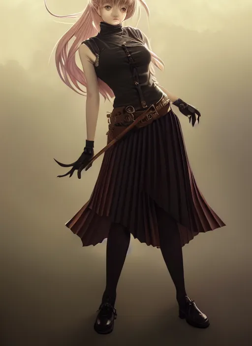 Image similar to portrait of a full body of beautiful young female detective, d & d, sleeveless turtleneck, pleated skirt, fantasy, flat lighting, intricate, highly detailed, digital painting, artstation, concept art, smooth, sharp focus, illustration, misa amane, art by simon bisley and greg rutkowski and alphonse mucha, natural tpose