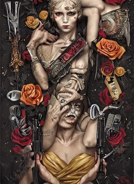 Prompt: tarot card :: horror :: hearts and roses :: gold and silver :: guns and swords :: Sandra Chevrier and bastien lecouffe deharme