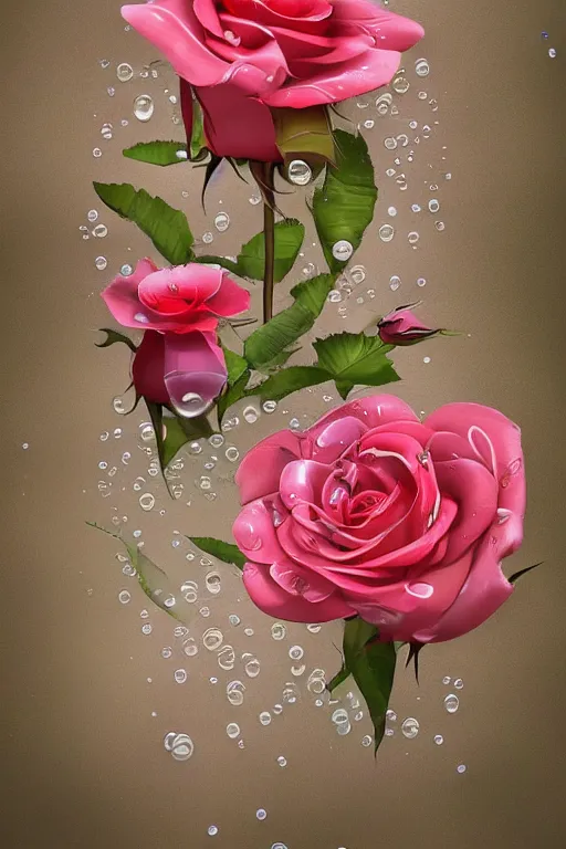 Prompt: beautiful digital matter cinematic painting of whimsical botanical illustration of roses and lilies on bubbles and rain, whimsical scene bygreg rutkowki artstation