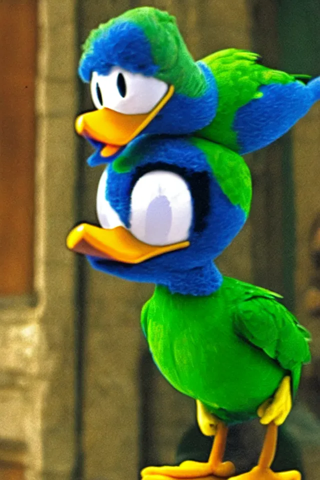 Prompt: donald duck as a green parrot in the harry potter universe