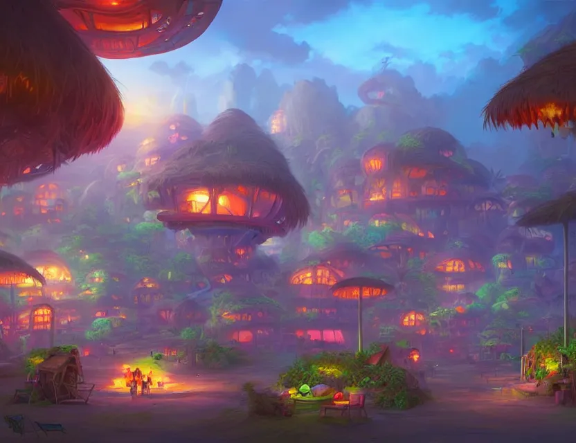 Prompt: futuristic but cozy fantasy village at a tropical coast. this air brush painting by the award - winning concept artist has an interesting color scheme, plenty of details and impeccable lighting.