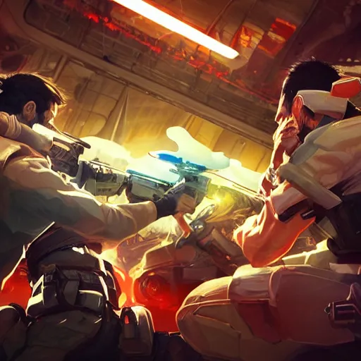 Image similar to neo fighting security. Epic keyframe. James gurney, rossdraws.