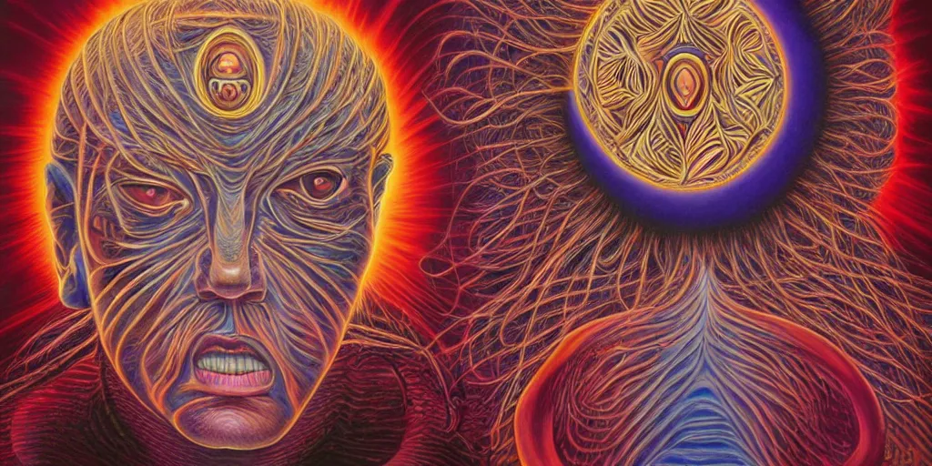 Prompt: a surreal man with his third eye opening by alex grey