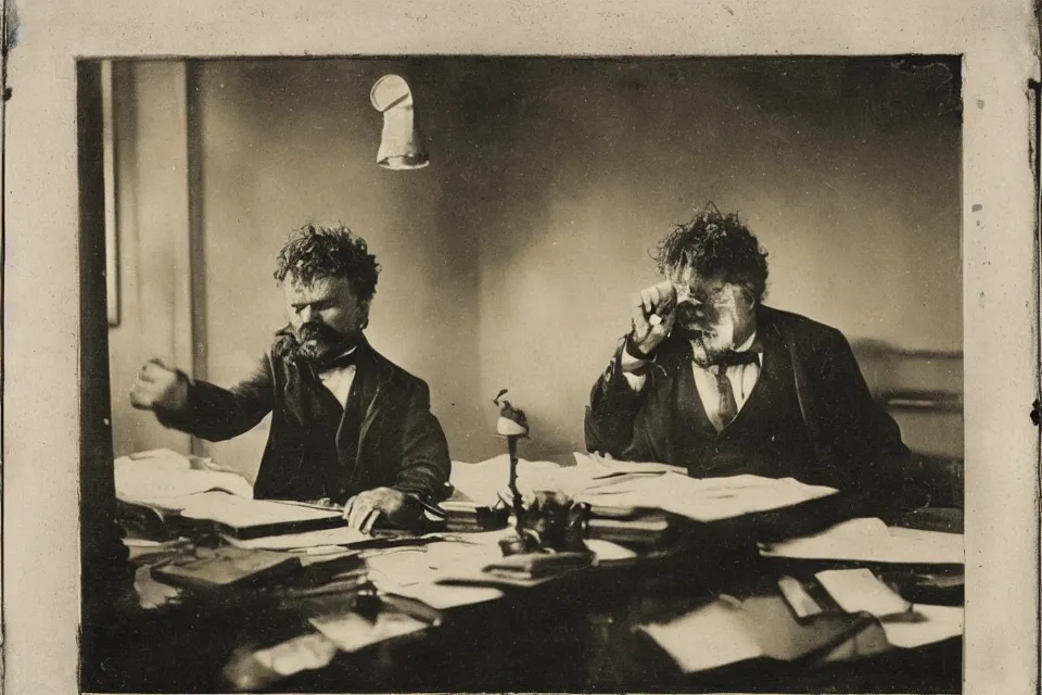 Image similar to wet plate photograph, august strindberg angry banging his fist on a secretary desk in a small messy viennese apartment, night time, alone, lamplight, victorian era, depth of field, very detailed, highly accurate, intricate