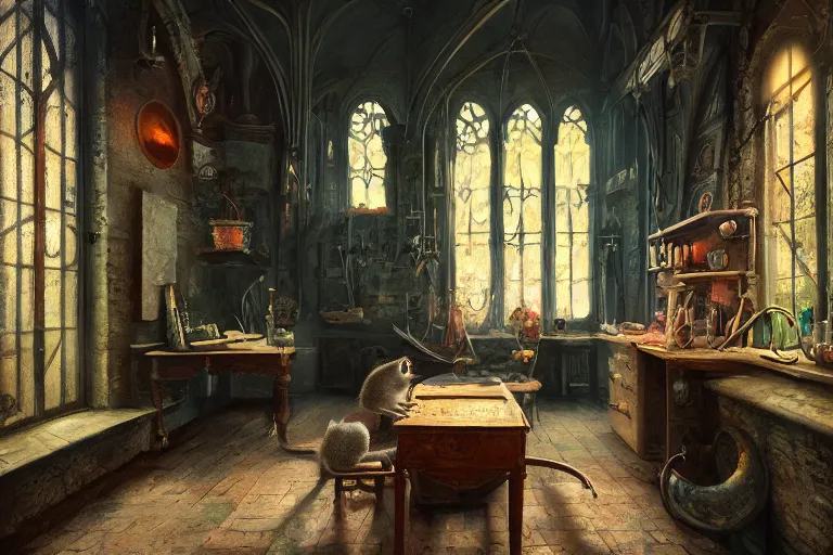 Prompt: A mouse in a Gothic atelier, oil painting, detailed, colorful, glowing lighting, 4k, depth of field, in the style of Yanjung Chen and Tom Bagshaw,