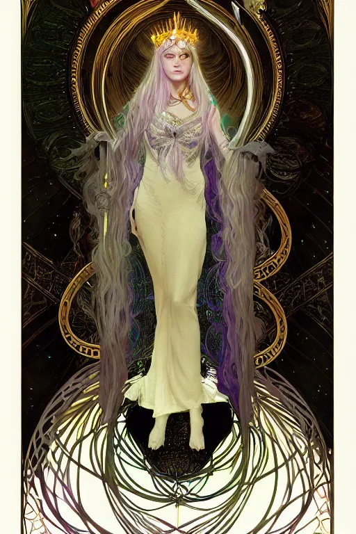 Prompt: tarot card, 4k HD digital full body portrait of beautiful regal elven king, long white hair, black paper, vivid colors, wheel of sigils in the background, by Alphonse Mucha, Craig Mullins, Marc Simonetti, Artstation