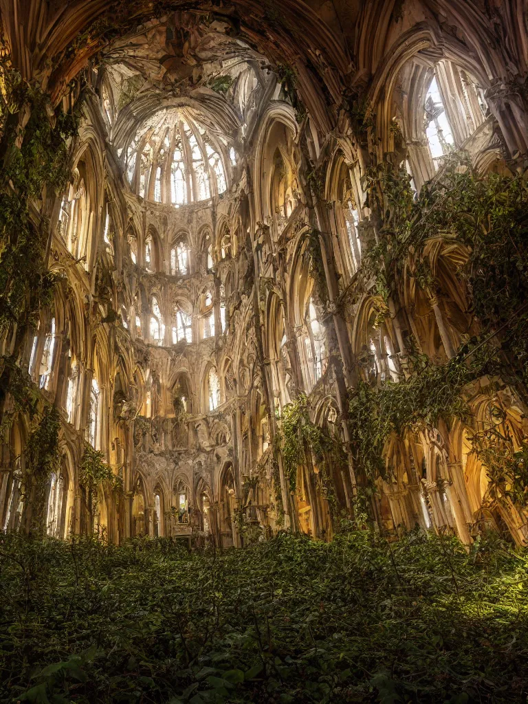 Image similar to Wide angle photograph of the inside of an abandoned cathedral, with a broken roof and overgrown with vines and bushes, cinematic lighting, epic scene, dramatic lighting, evening light, sunset, golden hour, fuji velvia, Flickr, national geographic, taken by Daniel Kordan