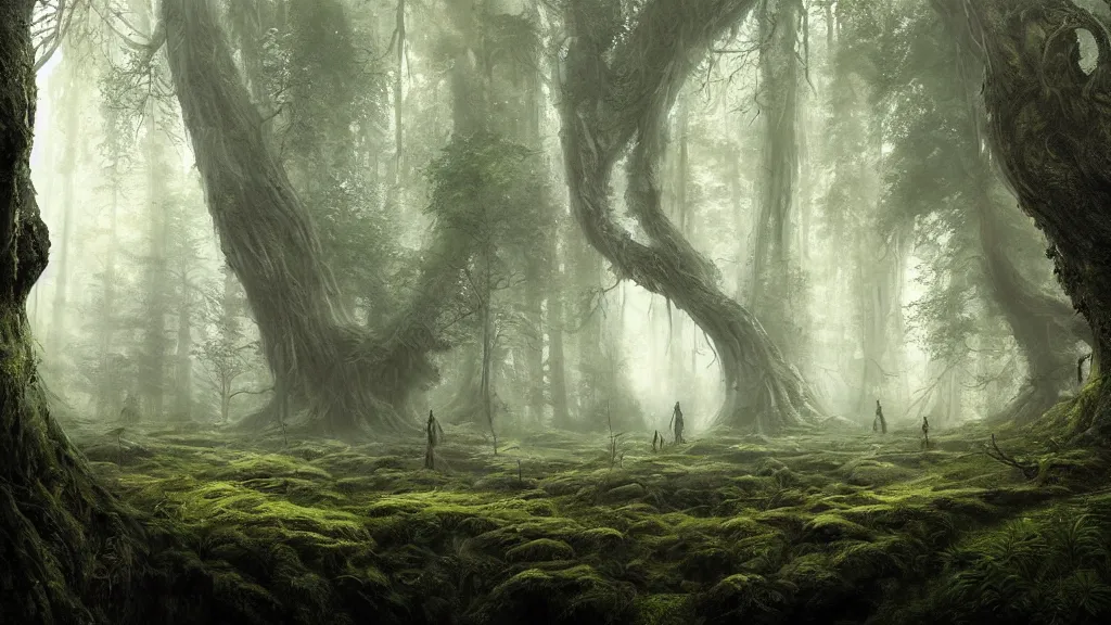 Image similar to peaceful elven forest, thick forest, large ents are visible in the background, by alan lee, michal karcz, smooth details, lord of the rings, game of thrones, smooth, detailed terrain, oil painting, trending artstation, concept art, fantasy matte painting