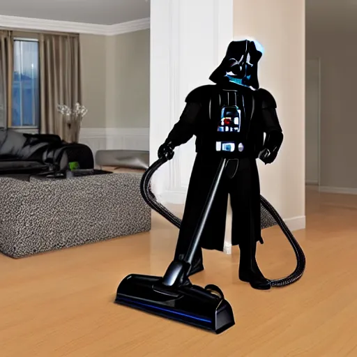 Image similar to Darth Vader vacuuming the house, photo realistic, award-winning, highly-detailed