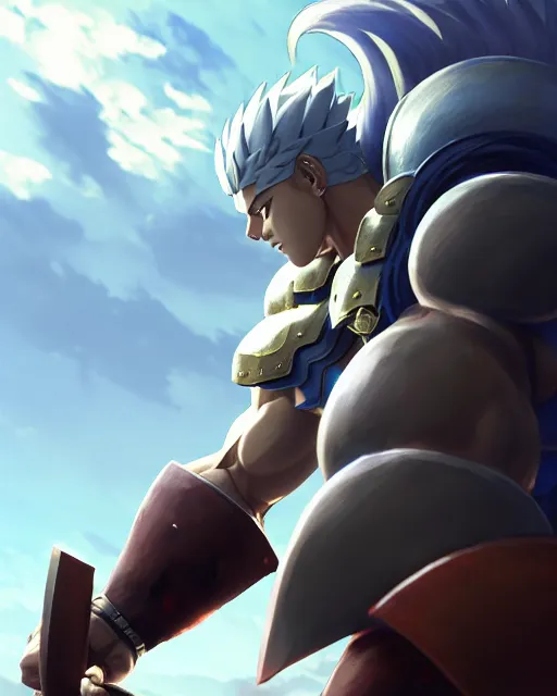 Image similar to strong muscular warrior with a greatsword and fully clad in plate armor, square masculine jaw, short messy hair, intimidating appearance, 3 d octane render, unreal engine 5, ultra high detail, cel shaded, trending on pixiv fanbox, by greg rutkowski makoto shinkai takashi takeuchi studio ghibli, akihiko yoshida