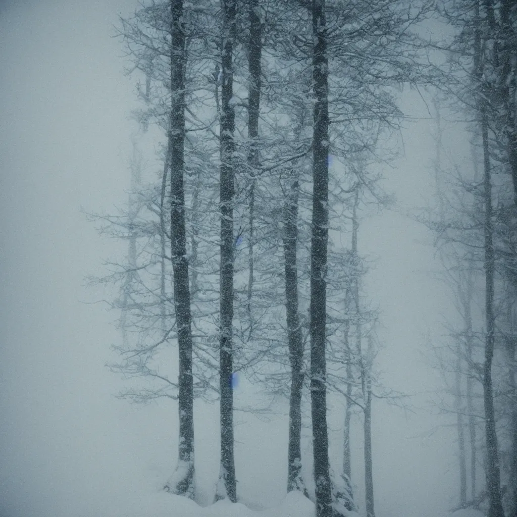 Image similar to photo, bigfoot is hiding in the background. cold color temperature, snow storm. hazy atmosphere. humidity haze. kodak ektachrome, greenish expired film, award winning, low contrast