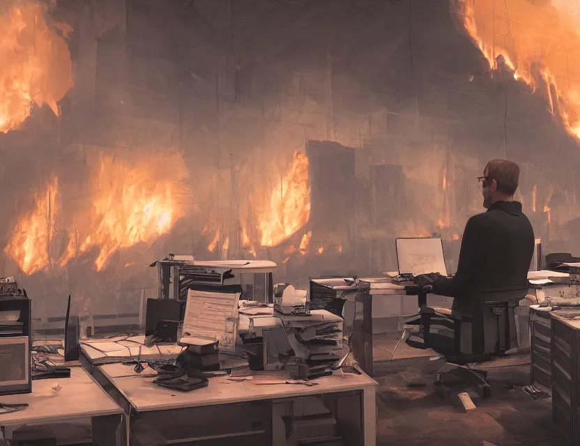 Image similar to a man sit at a workstation in a big office and looks at the burning fires, close up, featured in artstation, intricate, ultra detailed, unreal engine, concept art, wide - angle lens, sharp focus, illustration, 8 k