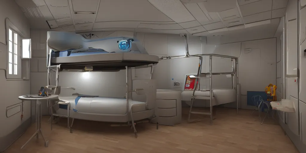 Prompt: Room of a spacecraft, with a bunk bed, warm tones, lights, gloom and lights, photo realistic, playing, CGI, Unreal Engine, Hdri