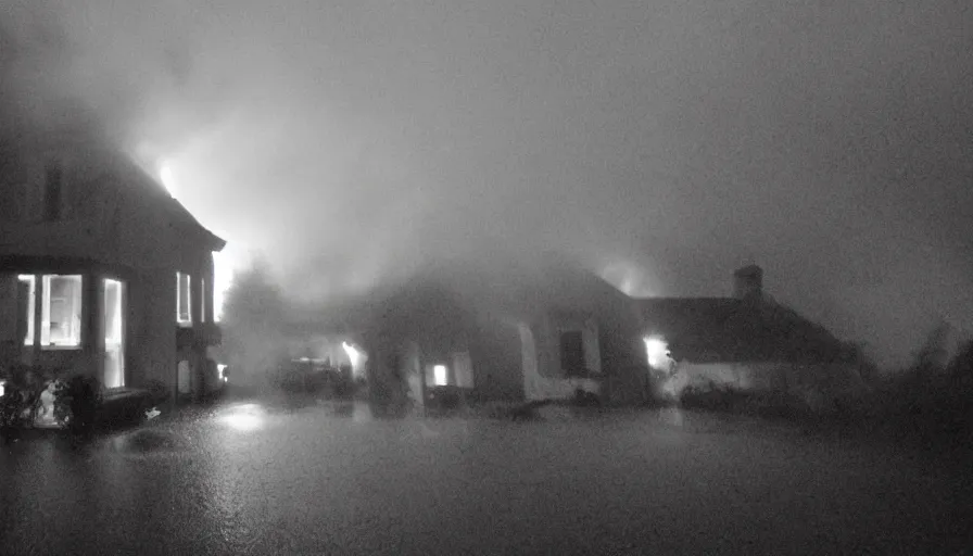 Prompt: mini dv camera found footage of a heavy burning french style little house by night, rain, foggy, in a small northern french village, by sony mini dv camera, heavy grain, low quality, high detail, dramatic light, anamorphic, flares