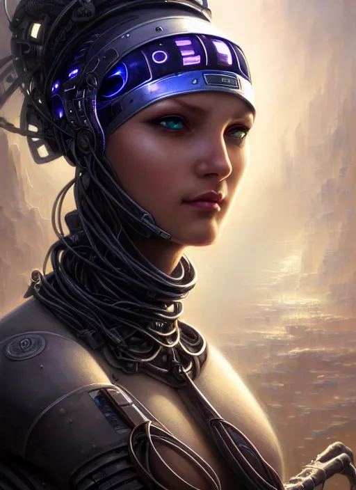 Prompt: closeup portrait shot of cyber girl wearing a bandana in a scenic dystopian environment, intricate, elegant, highly detailed, centered, digital painting, artstation, concept art, smooth, sharp focus, illustration, artgerm, tomasz alen kopera, peter mohrbacher, donato giancola, joseph christian leyendecker, wlop, boris vallejo