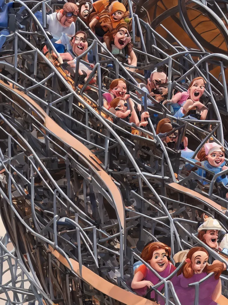 Prompt: closeup faces on a roller coaster by disney concept artists, blunt borders, rule of thirds